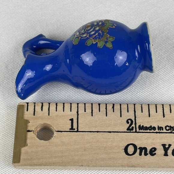 Vintage Blue Ceramic Pitcher With Hand-Painted Floral Design Japan 2.5" Tall - Picture 8 of 8